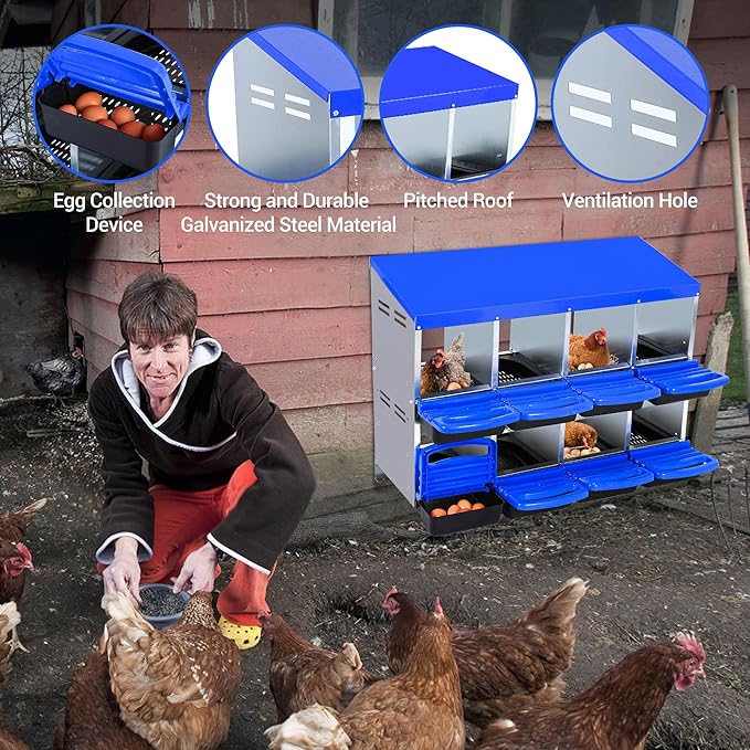 Chicken Nesting Box 8-Hole Roll Away Egg Laying Box with Lid, Galvanized Steel Rustproof Poultry Coop Box, Easy Clean, Wall Mountable No Bracket Needed for Hens, Blue