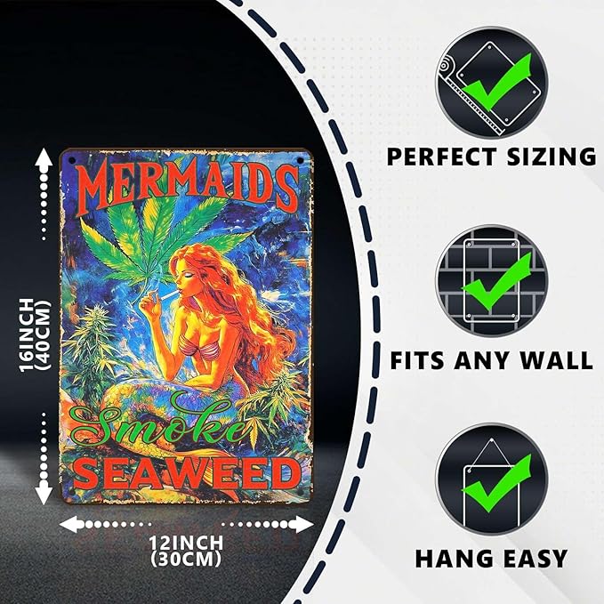 Vintage Mermaid Metal Sign Mermaids Smoke Seaweed Retro Ocean Beach Tin Sign Wall Decor Coastal Home Beach House Patio Porch Bathroom Coastal Novelty Decor Bar 16 * 12 In