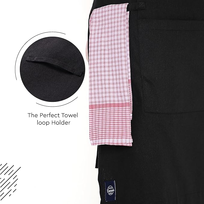 Encasa XO Adjustable Kitchen Cotton Apron With Pockets & Towel Holder Of Size 27x33 in (Full Black) for Men & Women Chefs For Cooking & Baking in Home, Restaurants & Barbeque