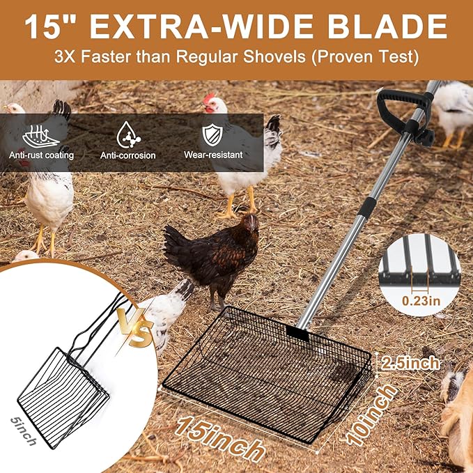 15" Large Chicken Poop Scooper with 64" Adjustable Long Handle - Heavy Duty Stainless Steel Metal Litter Shovel for Coop Sand, Poultry Manure & Pet Waste Cleaning - Durable 3-in-1 Garden Rake Tool