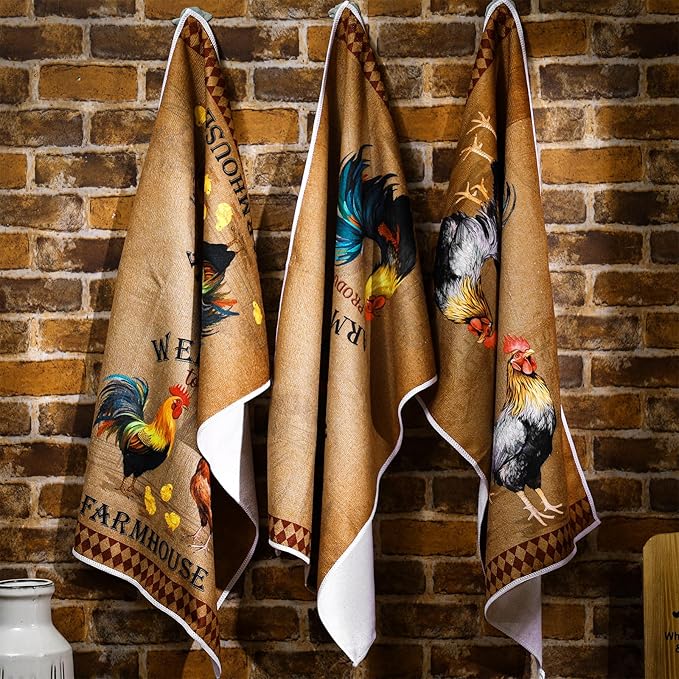 Bencailor 6 Pcs Farmhouse Kitchen Towels Chicken Rooster Kitchen Decor Farm Animal Hand Towels for Cooking Baking Housewarming Gift,15.75 x 23.62 inch(Brown,Retro Chicken Print)