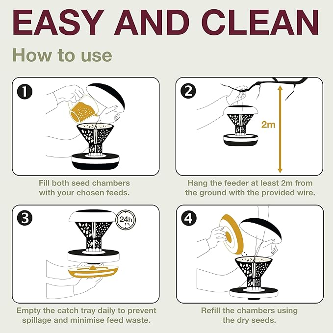SWISSINNO Bird Feeders - No Mess Hanging Bird Feeder for Outdoors - Smart Birds Davos Spill Proof Wild Cardinal & Small Bird Feeder with Integrated Seed Catcher Tray - Dual Chamber - Light Grey