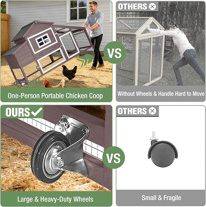Mobile Chicken Coop with Run Large Hen House with Wheels Chicken House Poultry Cage with Nesting Box, Pull-Out Tray, Waterproof Roof for 3-5 Chickens (Brown, 72.3" L x 26" W x 39.4" H)