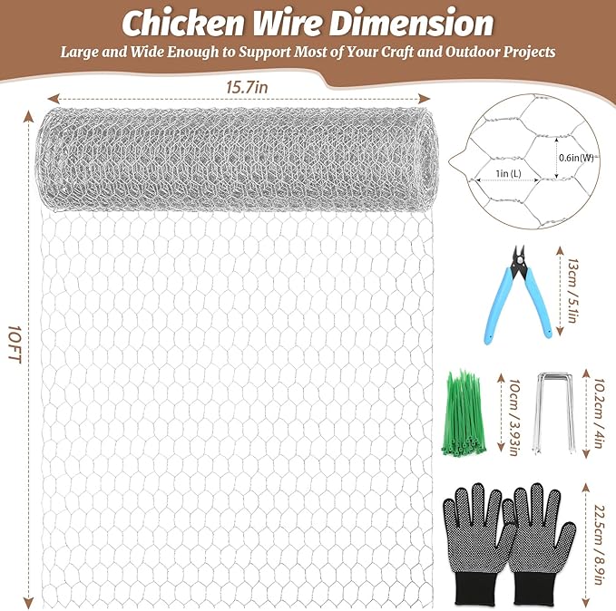 Floral Chicken Wire for Craft, 15.7 Inch x 10 FT Lightweight Galvanized Hexagonal Chicken Wire Netting, Silver Chicken Wire Fence for Garden Poultry Chicken Wire Mesh with Gloves, Wire Ties, Plier