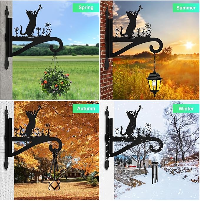 Plant Hangers Outdoor & Indoor, Plant Hooks for Hanging Baskets, Heavy Duty Wall Hanger, Metal Wall Mount Holder for Flower Basket, Bird Feeder, Lantern, Wind Chimes-Patio, Garden, Home Decor (Cat)