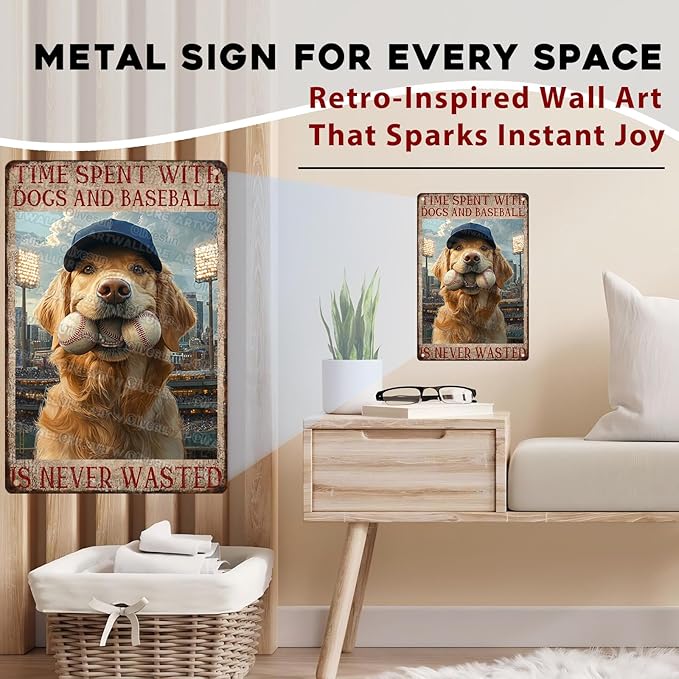 Baseball Fan Cave Wall Art Metal Tin Sign with Dogs Vintage Retro Plaque Rustic Decor for Sports Bar Game Room Basement 8x12inch