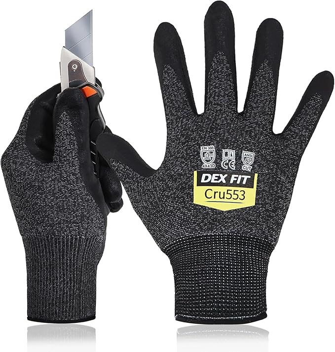 DEX FIT Level 5 Cut Resistant Gloves Cru553, 3D-Comfort Stretchy Fit, Power Grip, Professional Grade, Thin, Touch-Screen Compatible, Durable, Machine Washable; Black Gray XL (10) 1 Pair