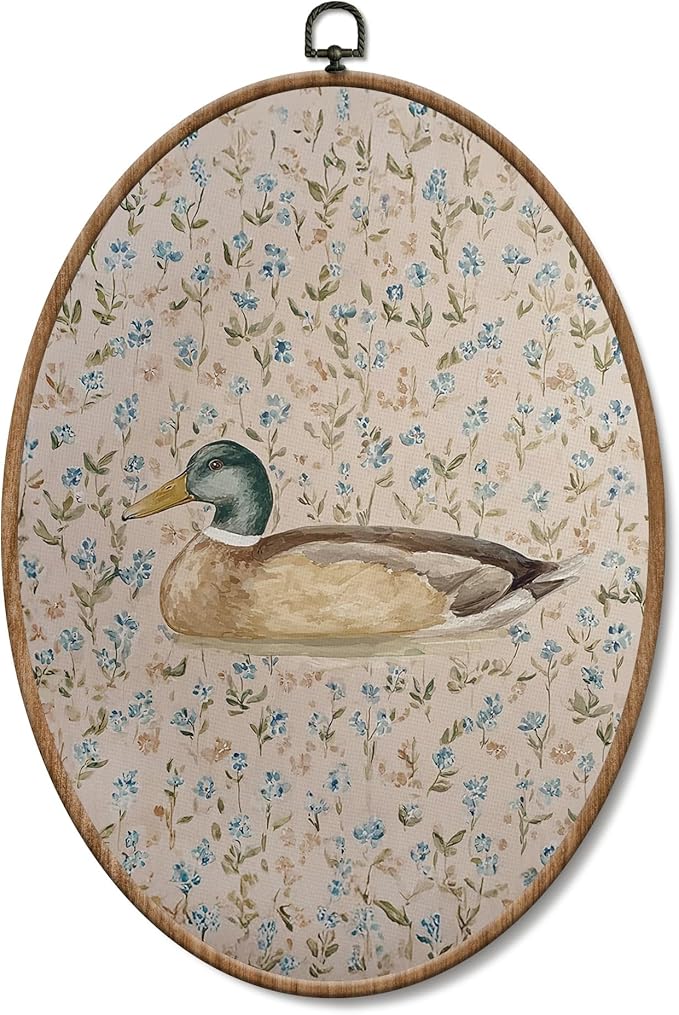 Yorhifa Boho Mallard Duck Nursery Framed Wall Art, Cottagecore Botanical Floral Duck Oval Wall Art, Country Wildlife Waterfowl Oval Walls Decor, Rustic Canvas Artwork Hanging Decor, 8.5x11.5in