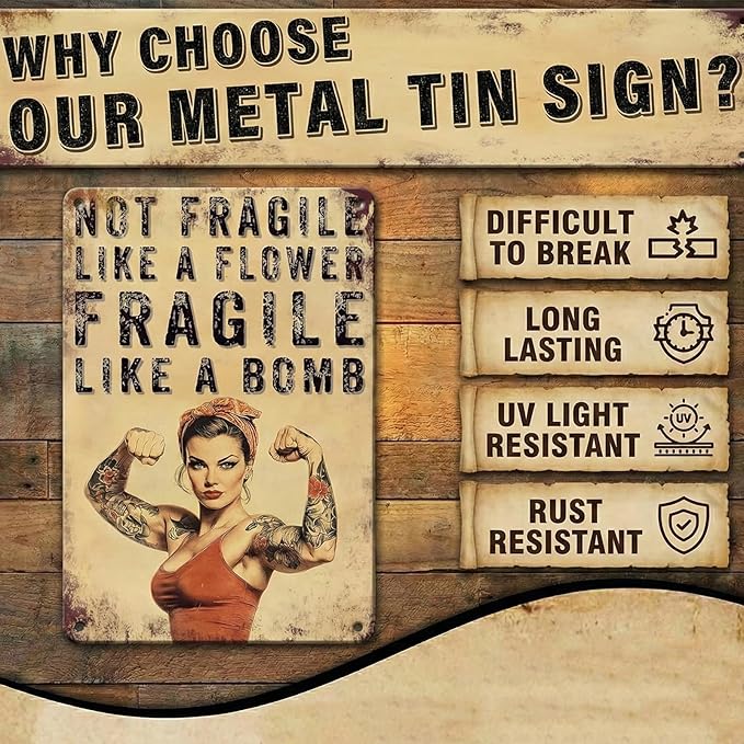 PEACHGARDEN Home Gym Decor Girl Gym Signs Not Fragile Like a Flower Fragile Like a Bomb Fitness Wall Decor Motivational Workout Poster Metal Tin Sign for Home Bar Pub 8x12 Inch