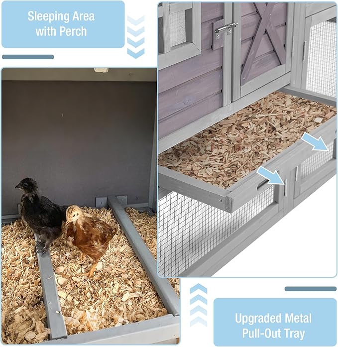 Large Chicken Coop with Run and Wheels, Wooden Hen House with Nesting Box and Waterproof Roof, Poultry Cage with Leakproof Tray, Rabbit Hutch, Bunny Cage Outdoor, Chicken Tractor for 4 Chickens (Grey)