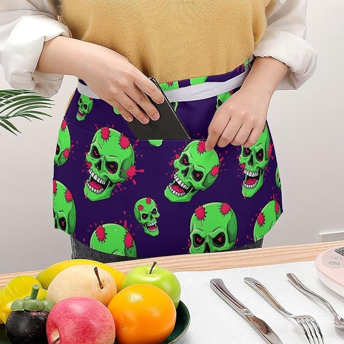 Unisex Chef Waiter Apron Waist Half Short Serving Aprons with 3 Pockets
