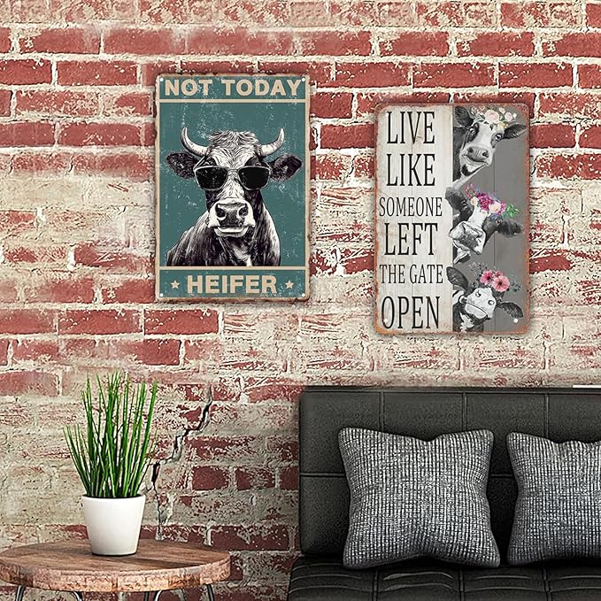 2 Pack Vintage Cow Decor Sign Funny Christmas Cow Decor Tin Signs for Home Farm Fence Bathroom Bedroom Wall Garden Decor 8 x 12 Inches
