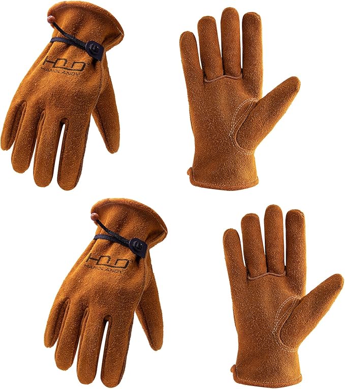 HLDD HANDLANDY 2 Pairs Leather Work Gloves for Men & Women, Reinforced Durable Palm for Welding, Farm, Gardening, Driving