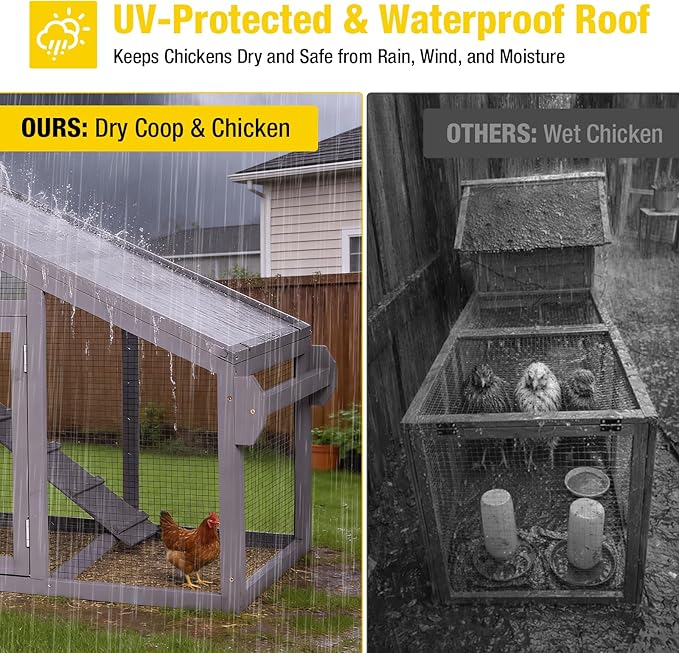 Aivituvin Mobile Chicken Coop with Wheels for 2-4 Chickens, Backyard Expandable Chicken House Duck Cage with Run, 2 Nesting Boxes, Easy Clean Pull-Out Tray, Leak-Resistant Asphalt Roof, 72.3"(Grey)