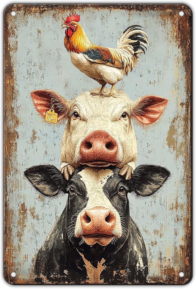 Vintage A Pig Cow Chicken Metal Sign Rustic Home Kitchen Coffee Garden Farmhouse Chicken Coop Wall Decor Ruster Tin Poster 12x8 Inch