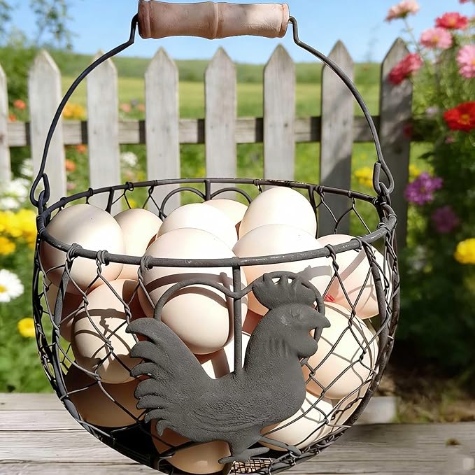 LINCOUNTRY. Wire Chicken Egg Basket for Gathering Fresh Eggs,Round Metal Egg Collecting Basket with Handle for Farmhouse Countertop Storage, Rustic Rooster Kitchen Décor Gift