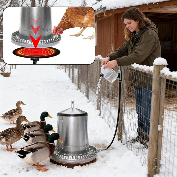 Chicken Water Heater - Cold Weather Drinking Equipment, Heated Chicken Waterer for Winter, Farm Coop Accessories for Ducks Roosters Turkeys Pigeons Quail and Other Birds, Poultry Care Tool