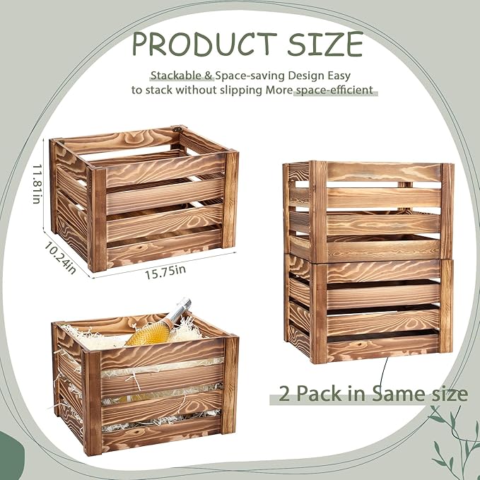 Ripeng 2 Pack Wooden Large Crates Storage Crate Decorative Wood Crates Wooden Storage Container with Handles for Display Decor 15.75 x 11.8 x 10.24 inches