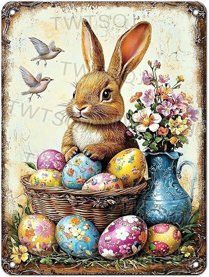 YoyaVex Easter Tin Sign Bunny Room Decor Vintage Metal Wall Art Sign for Home Apartment Wall Garden Bathroom 12X16Inch