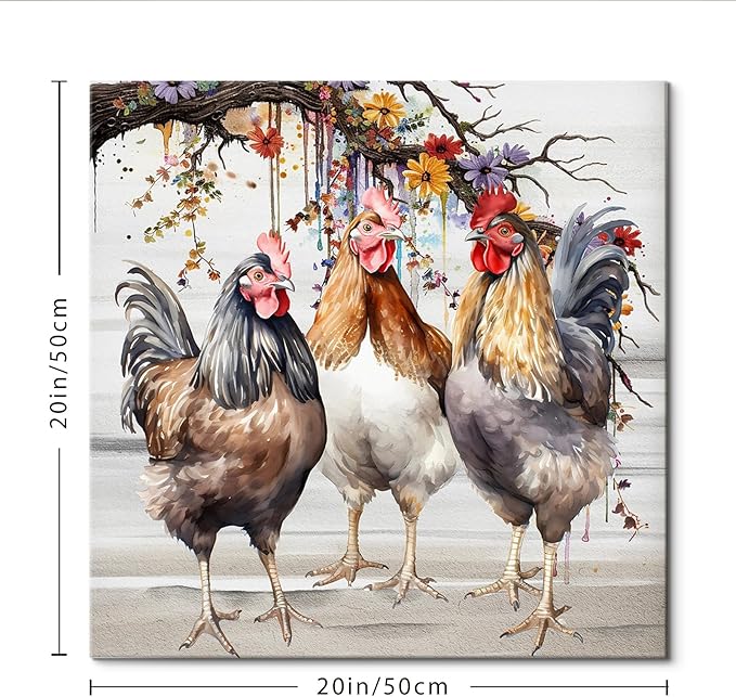 Framed Chicken Wall Art 16x16 Inch Rooster on Flower Stand Canvas Print Farmhouse Country Style Artwork for Kitchen Living Room Rustic Home Wall Decor (Three roosters, 16L×16W)