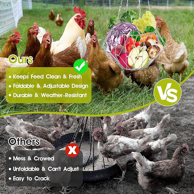 2PCS Hanging Chicken Feeders Baskets, Foldable Chicken Toys for Coop Vegetables Fruits Hanging Feeder, Vegetable Basket, Fruit Flower Basket with17inches Chain for Gooses Duck Farm House(2PCS)