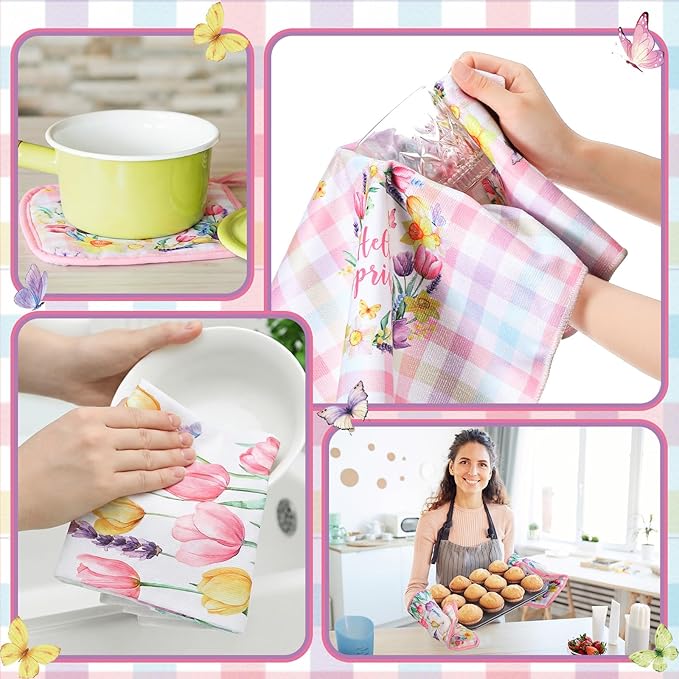 10 Pcs Spring Flower Farmhouse Kitchen Decor Set Dish Towels Kitchen Rugs Oven Mitts and Pot Holders Set for Cooking Baking Grilling Women Mom Daughter Gift(Vibrant Color)