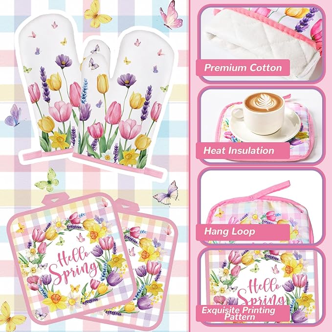 10 Pcs Spring Flower Farmhouse Kitchen Decor Set Dish Towels Kitchen Rugs Oven Mitts and Pot Holders Set for Cooking Baking Grilling Women Mom Daughter Gift(Vibrant Color)