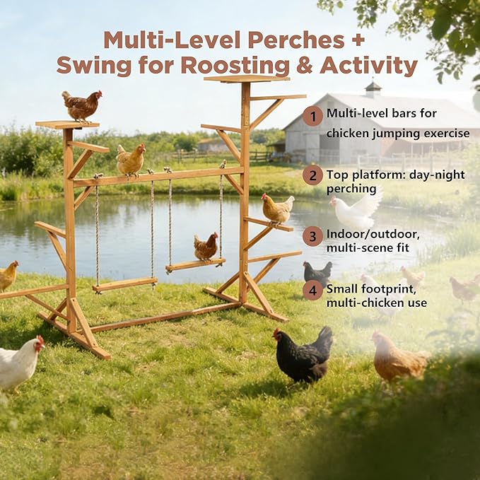 Chicken Roosting Bars with Ladder & 2 Swings, Wooden Chicken Coop Roosting Perch for Run, Perfect for Multiple Chicks, Backyard Coop & Farm Use