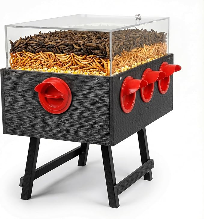 KOL No-Waste Chicken Feeder, 22LB Poultry Feeder with 6 Anti-Spill Ports, Clear-View HIPS & Acrylic Design, Foldable Stand for Hens and Chicks – Automatic Gravity-Flow Feeder