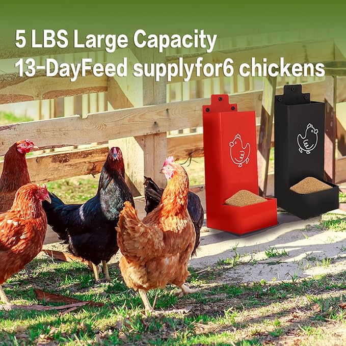 Chicken Gritr and Oyster Shell Feeder Hanging Metal Chicken Feeder for Hens or Chicks Chicken Coop Accessory Gravity-Fed Anti-Waste Design (Red and Black)