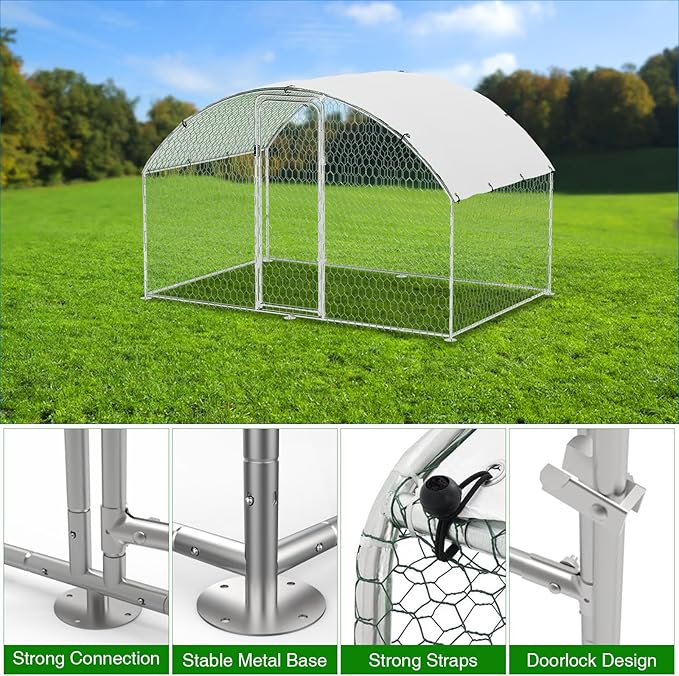 Garvee Metal Chicken Run, 9.8 x 6.5 x 6.5 Ft Metal Chicken Coop for Yard with Waterproof and Anti-Ultraviolet Cover, Dome Roof Walk in Chicken House, Poultry Cage for Hen, Duck and Rabbit