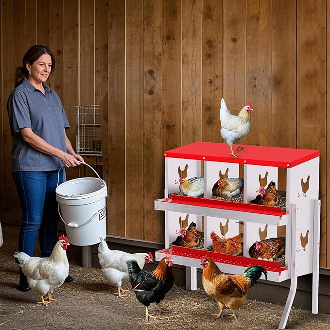 Chicken Nesting Box, Heavy-Duty Metal Chickens Laying Boxes with 6 Compartments, Large Vented Holes Hens Laying Box, Chicken Coop with Rollout Egg Collection, Bracket Legs - Red