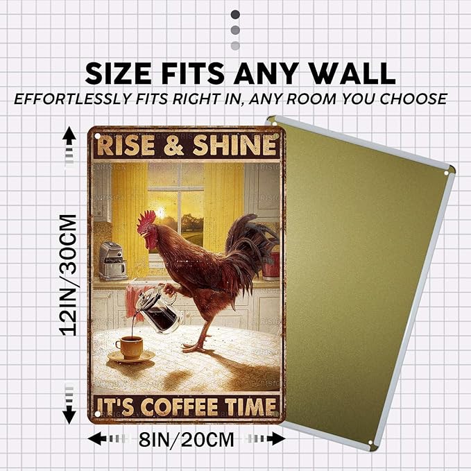 Vintage Chicken Tin Sign Rise & Shine It's Coffee Time Retro Coffee Metal Sign Funny Chicken Lovers Nostalgic Rustic Wall Decor For Home Farmhouse Poultry House Kitchen Cafe Bar 12 * 8In