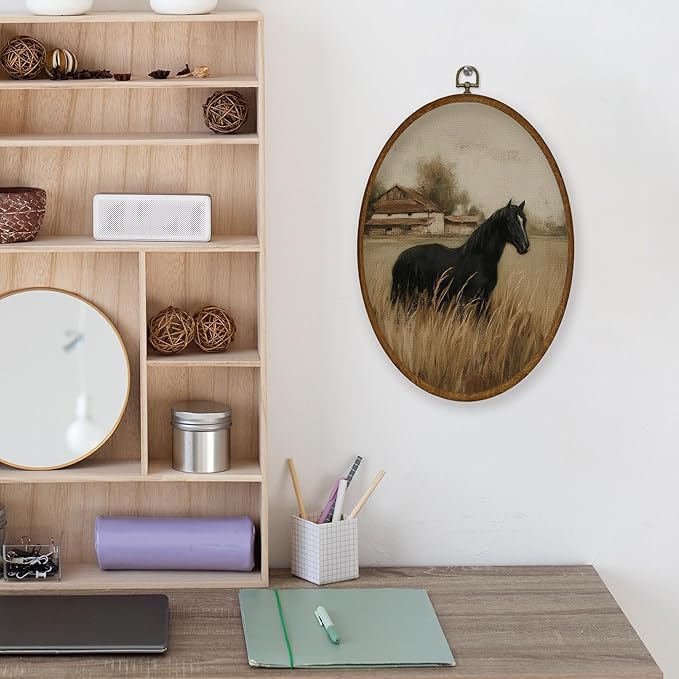 WULQYING Vintage Black Horse Wall Art Decor, Retro Rustic Cottagecore Animal Oval Framed Canvas Art Prints, Country Farmhouse Horse Wall Hanging Decor for Home Bedroom Living Room, 8.6x11.4 Inches