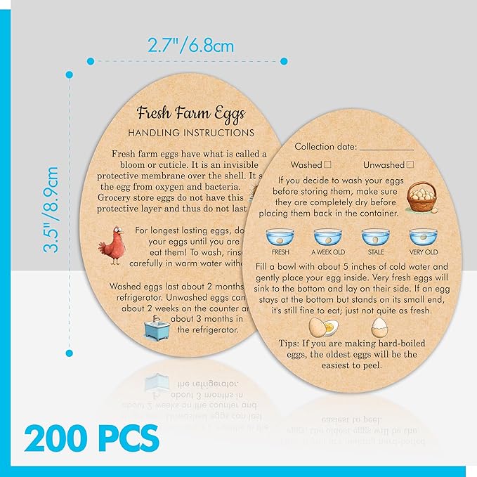 200 PCS Egg Handling Instruction Cards, Double-sided Printing Egg Carton Stamp Bulk Labels with Washed/Unwashed Fresh Eggs Care Accessories Card Label for Basket Farm Business Accessories (3.5 x 2.7”)