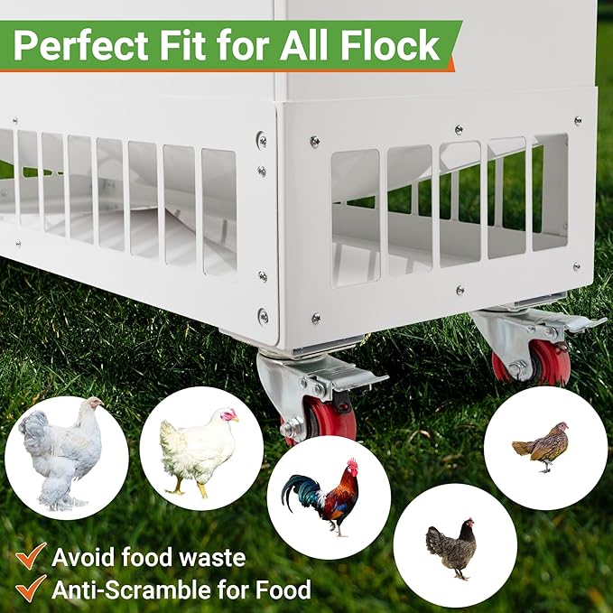 Chicken Feeder with Grille & Wheels, No-Waste 120LBS Capacity Feeder w/ 22 Ports for 20 Chickens, Powder-Coated Steel Feeder w/Waterproof Lid, 37.6”x14.6”x26.2”