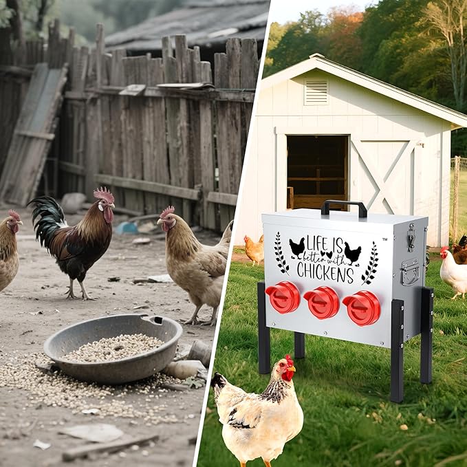TGEYD 30 lb Chicken Feeder with 6 No-Waste Ports – Heavy-Duty Outdoor Metal Feeder with Adjustable Height, Locking Lid & Riveted Handles – Rustproof Feed Box for Poultry & Backyard Chickens