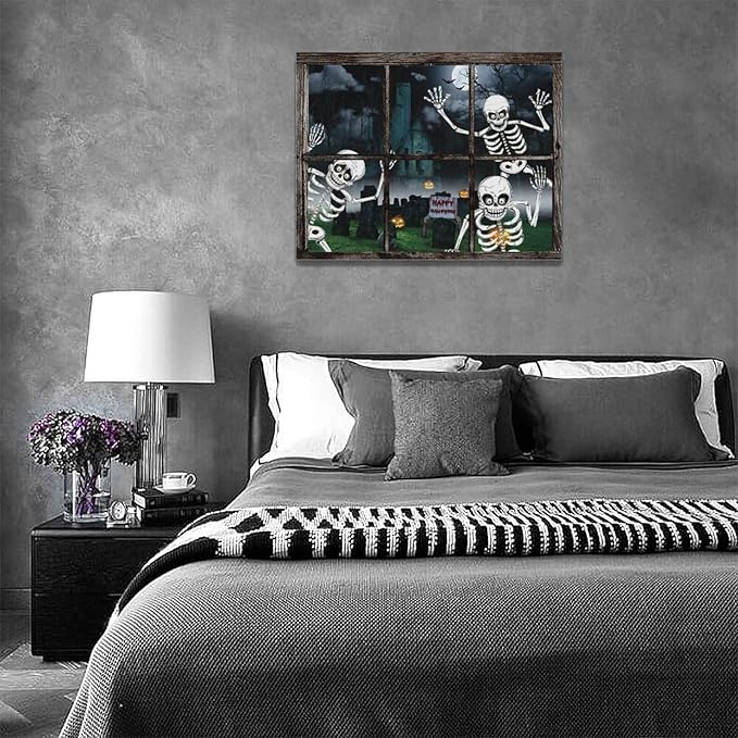 Halloween Wall Art Skeleton Pictures Wall Decor Skull Canvas Prints Framed Artwork Gothic Ghost Home Decor Office Decorations for Bathroom Living Room Bedroom Dinning Room 16"x12"