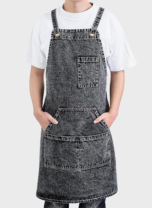 Cotton Denim Apron Soft - Unisex Adjustable Bib Apron with 5-Pockets Perfect for Kitchens
