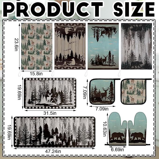 10 Pcs Farmhouse Kitchen Decor Set Dish Towels Kitchen Rugs Oven Mitts and Pot Holders for Cooking Baking Grilling Women Mom Daughter Gift (Brown,Green,Forest)
