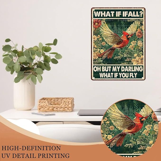 Red Bird Vintage Tin Sign What If I Fall Metal Tin Sign for Home Bedroom 12X16Inch