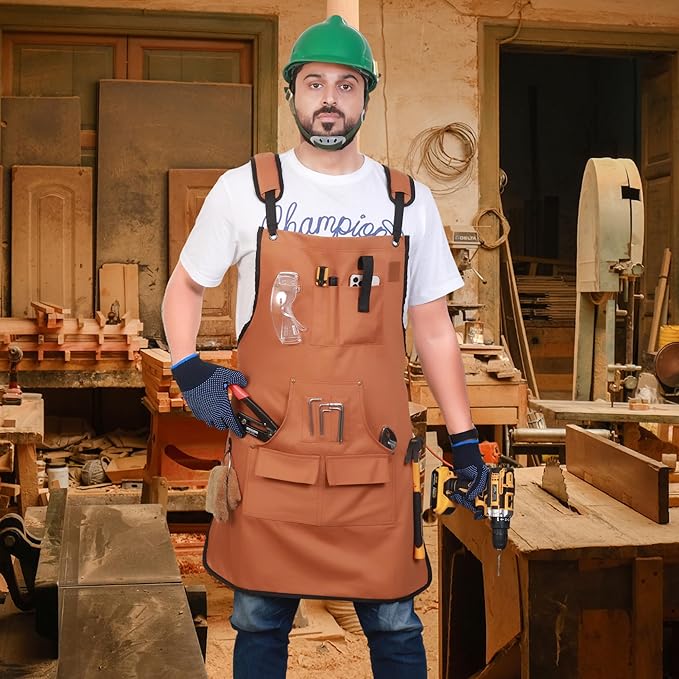 Woodworking Apron for Men - 9 Reinforced Pockets Durable Canvas Padded Cross Straps - Woodworking Gifts for Men