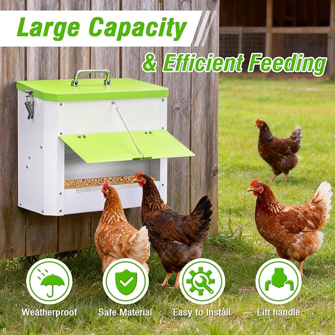 Hanging Chicken Feeder No Waste,20LBs Metal Chicken Feeder with Rainproof Cover & Lockable Flip-Door,Wall-Mount Heavy Duty Feeder for Chicken Coop and Outdoor Use
