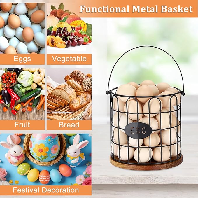 7'' Farmhouse Egg Basket for Gathering Fresh Eggs, Metal Egg Holder Countertop for Chicken Eggs, Round Metal Wire Basket with Handle & Wooden Base, Vintage Kitchen Decor(Style 1-Straight)