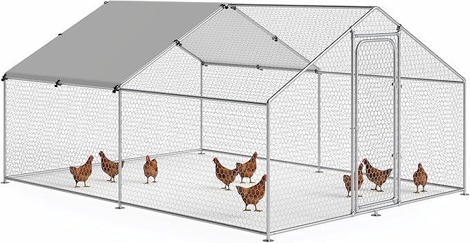 Large Metal Chicken Coop Pen Walk-in Poultry Cage with Waterproof and UV-Resistant Cover, Outdoor Chicken Run for Backyard Farm Use,Spire Roof(10’ W x 13.2’ L x 6.4’ H)