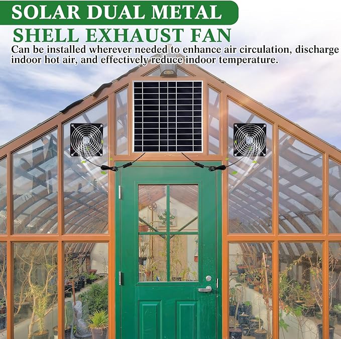 2 Set 20w Solar Powered Fan Kit for Chicken Coop IP67 Waterproof Dual Solar Greenhouse Fan 3500 RPM High Speed Exhaust Fan with 10ft Cable for Shed Pet House Window Outside Inside
