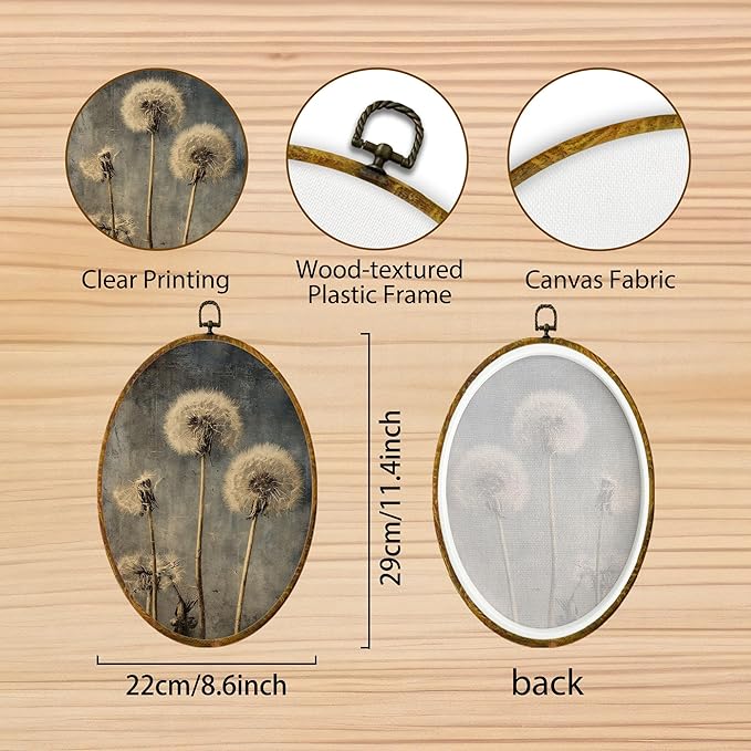 Hiuwevt Vintage Country Dandelion Floral Oval Wall Art Decor, Rustic Farmhouse Framed Canvas Prints, Dark Moody Botanical Oval Wall Hanging Decor for Bedroom Living Room Decorations, 8.6x11.4 Inches