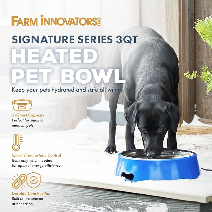 Farm Innovators Heated Pet Water Bowl, 40W Heated Water Dish - 3 Quart Stainless Steel Watering Station with Anti-Chew Cord Protector for Dogs & Cats