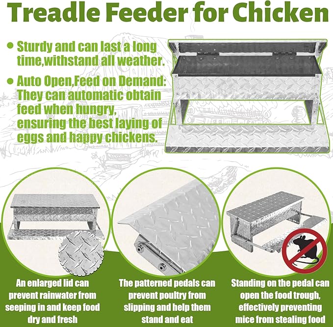 Treadle Chicken Feeder Automatic Large Poultry Feeders Capacity Treadle Self Opening Pou with Weatherproof Lid Rain Cover for Roosters Pheasant Chicken Outdoor Coop Silver Full Aluminum(11lbs/5000g)