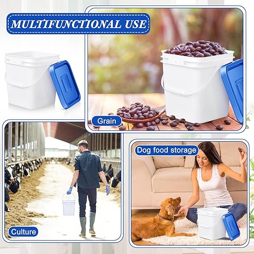 Mumufy 5 Pcs 3.5 Gallon Square Food Grade Bucket with Lid Square Bucket Pail Plastic Handles for Long Term Food Storage, Camping, Fishing, Home Organization Easy Stack and Store (Blue Lid)